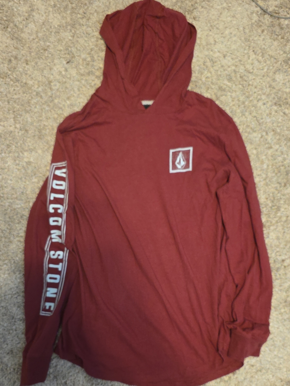 Volcom Maroon Hooded Long Sleeve Shirt with Sleeve Graphic